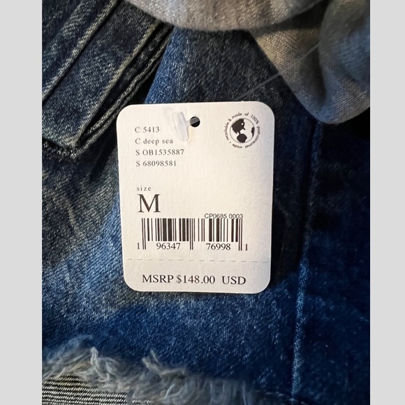 FREE PEOPLE Throwback Denim/Knit Hoodie Style Raw Hem Relaxed Crop Jacket-Md NWT - Picture 14 of 16